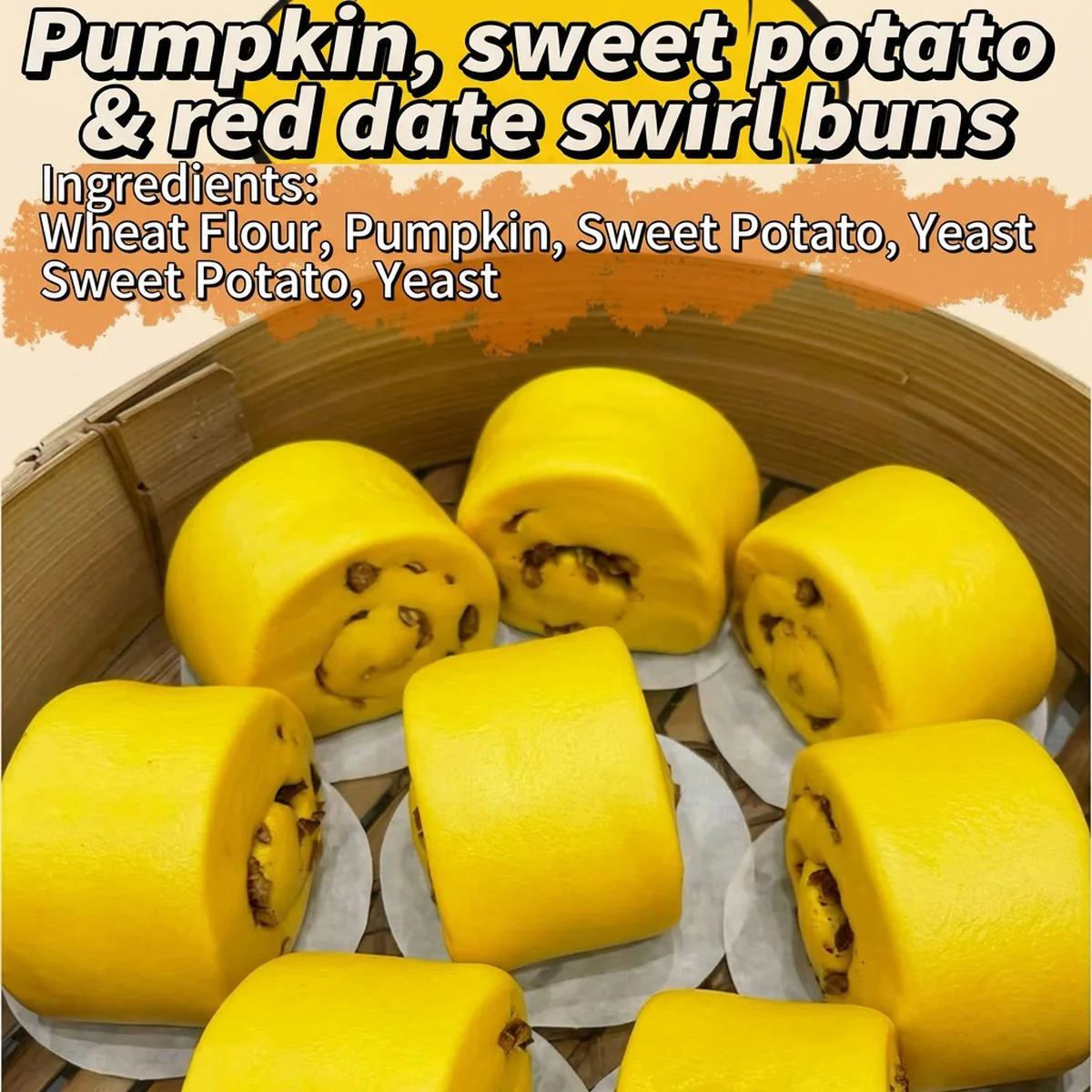 Aimeikang Pumpkin & Sweet Potato Mantou Rolls with Red Dates – Frozen 2 Pieces 200g - Chinese Steamed Buns