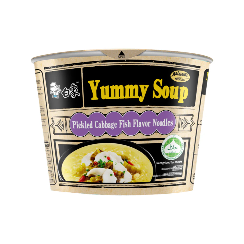 Baixiang Yummy Soup Pickled Cabbage Fish Flavor Noodles - 132g x 12 Cups - Image 2