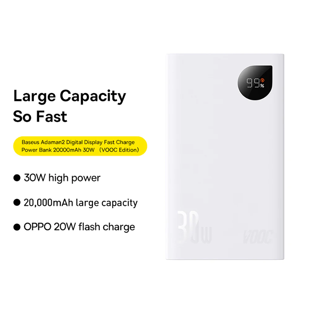 Baseus Adaman2 Digital Display Fast Charge Power Bank 20000mAh 30W (VOOC Edition) - White - Image 2