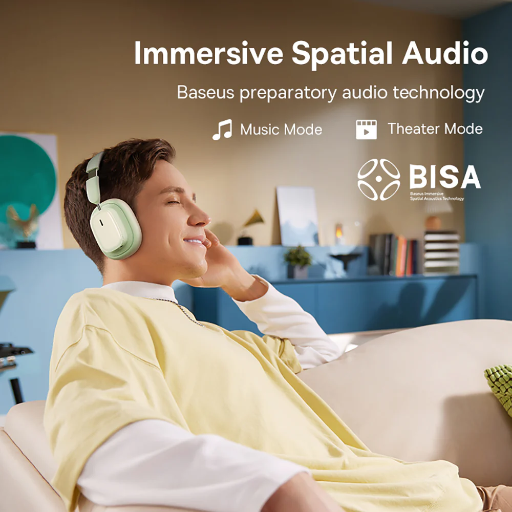 Baseus Bowie Series H1i Over-Ear Noise Cancelling Bluetooth Headphones - Photosynthetic Green (International Version) - Image 4