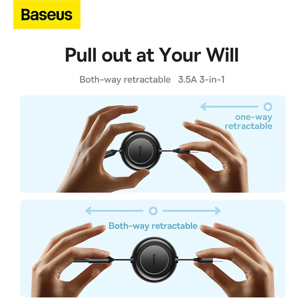 Baseus Bright Mirror 2 Series Retractable 3-in-1 Fast Charging Cable - 1.1m, Black - Image 2