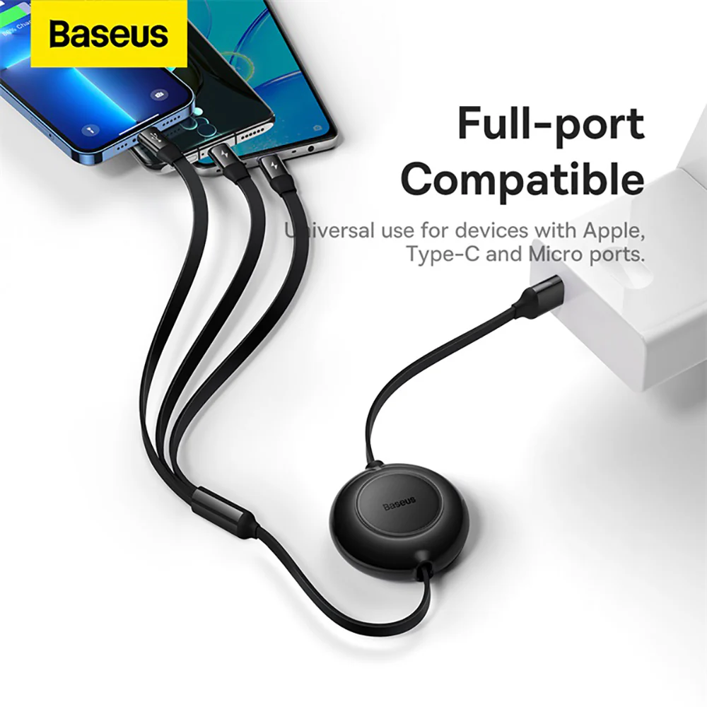 Baseus Bright Mirror 2 Series Retractable 3-in-1 Fast Charging Cable - 1.1m, Black - Image 3