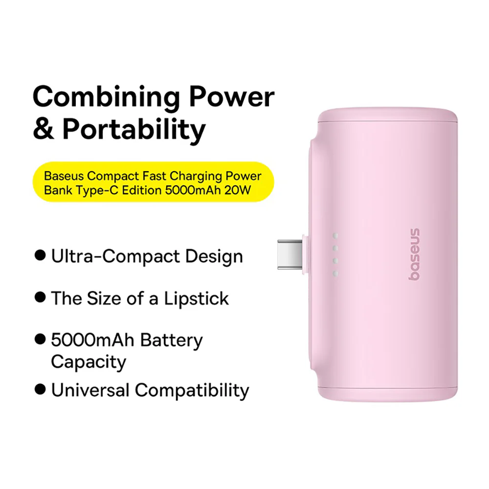 Baseus Compact Fast Charging Power Bank Type-C Edition 5000mAh 20W - Floating Pink - Image 2