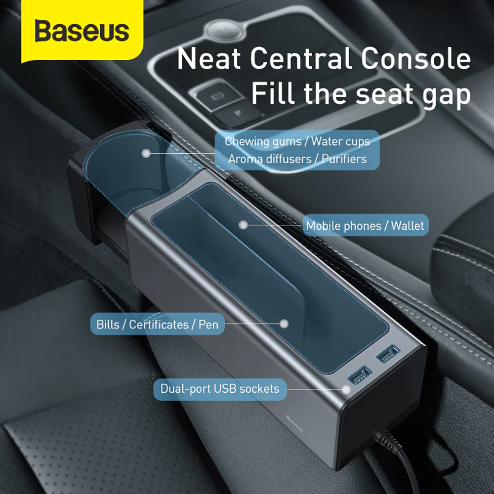 Baseus Deluxe Metal Armrest Console Organizer with Dual USB - Black - Image 4