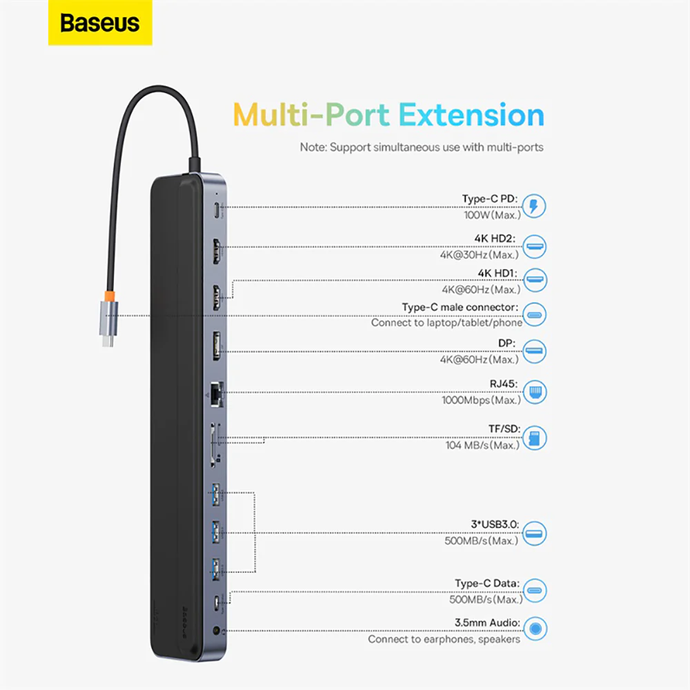 Baseus EliteJoy Gen2 12-Port HUB Docking Station - Space Gray - Image 2