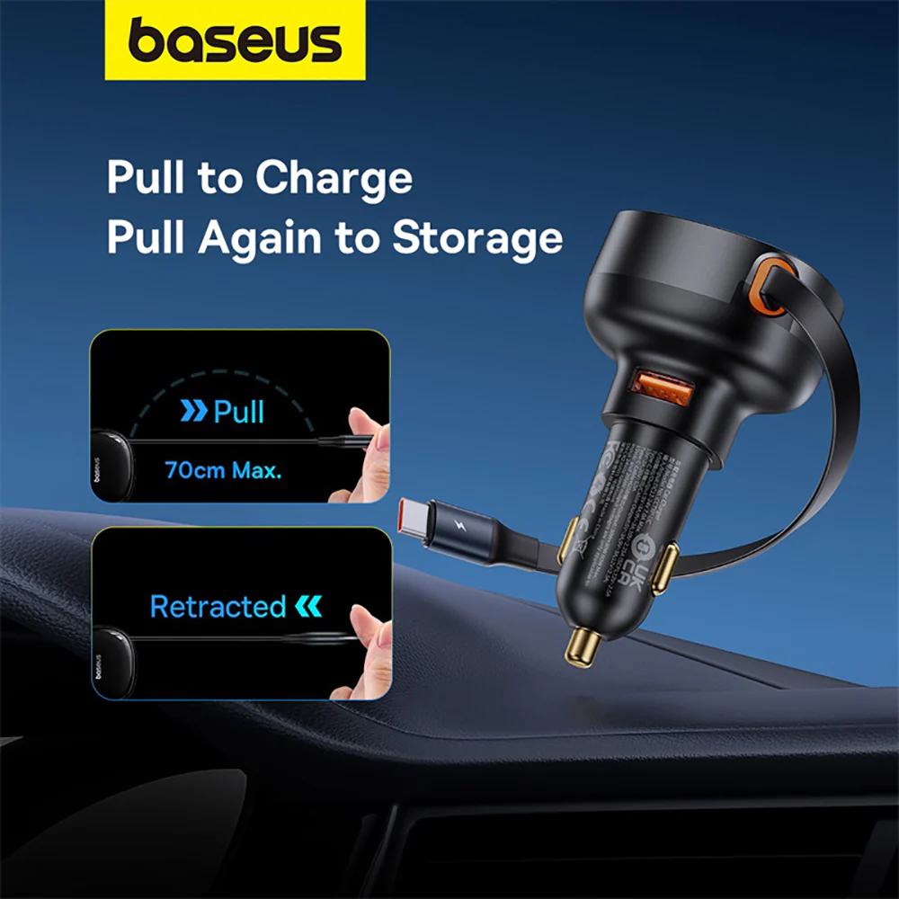 Baseus Enjoyment Pro Car Charger with U+Type-C Retractable Cable 60W - Starry Black - Image 2