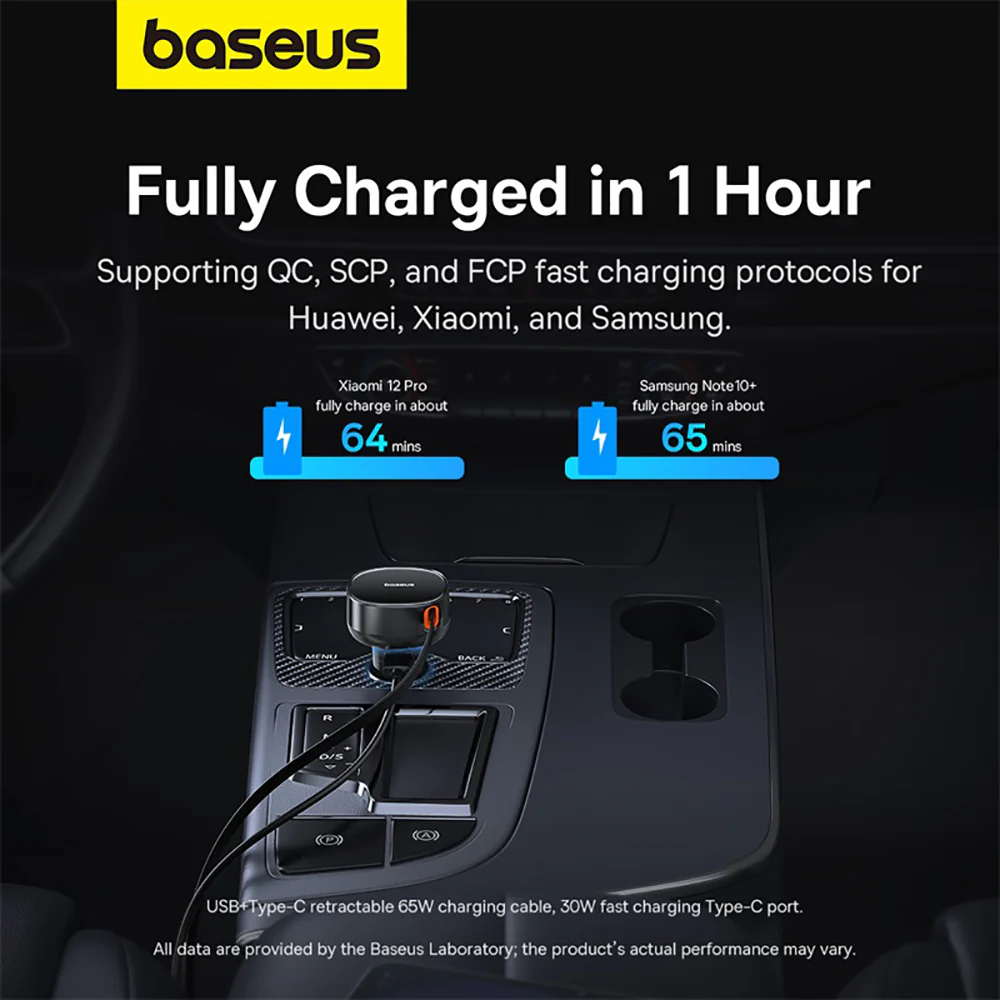 Baseus Enjoyment Pro Car Charger with U+Type-C Retractable Cable 60W - Starry Black - Image 4