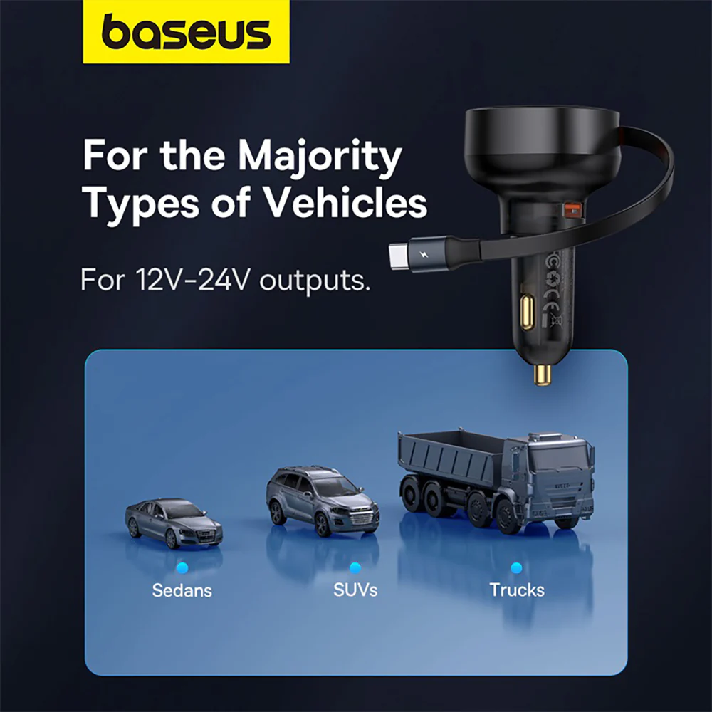 Baseus Enjoyment Pro Car Charger with U+Type-C Retractable Cable 60W - Starry Black - Image 5