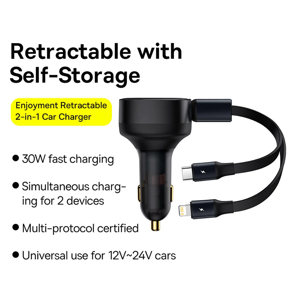 Baseus Enjoyment Retractable 2-in-1 Car Charger 30W - Black