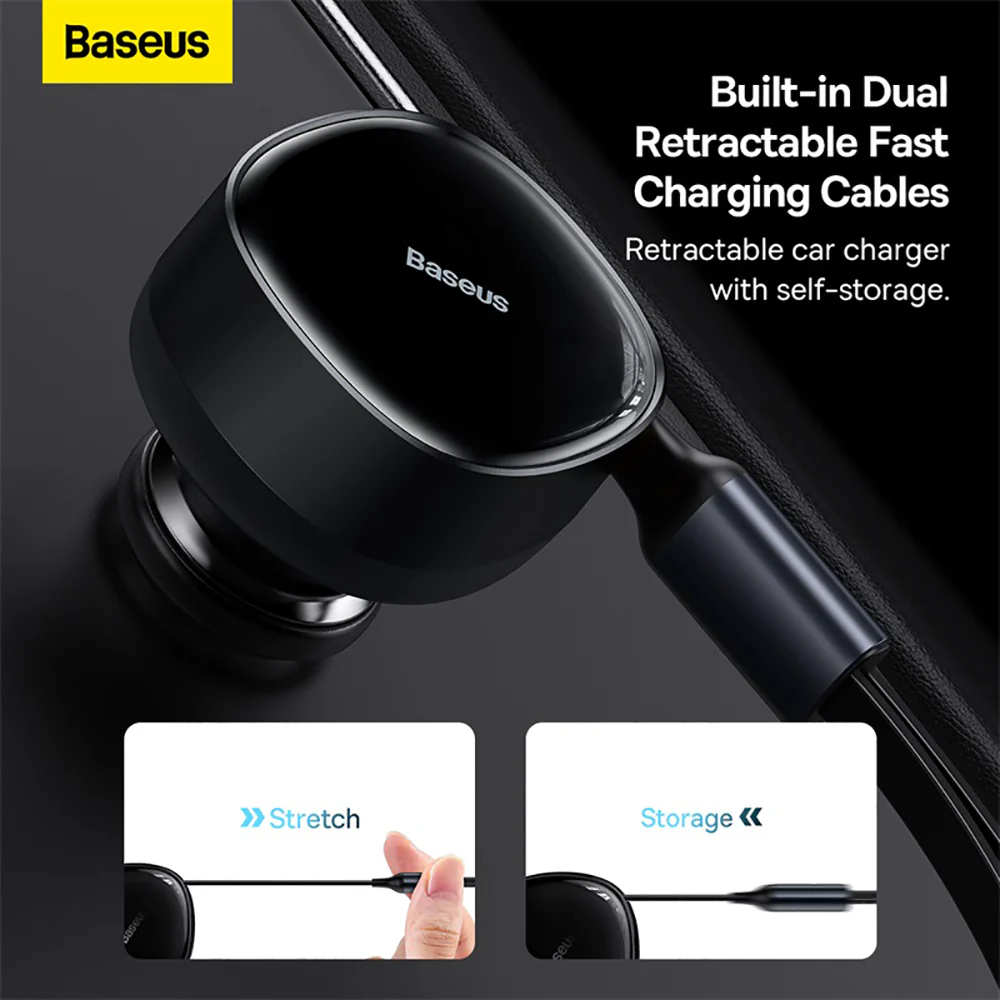 Baseus Enjoyment Retractable 2-in-1 Car Charger 30W - Black - Image 2