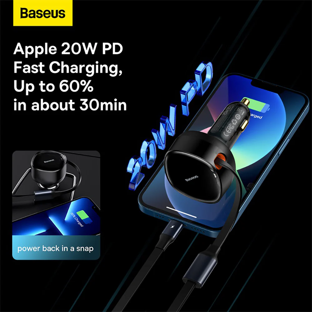 Baseus Enjoyment Retractable 2-in-1 Car Charger 30W - Black - Image 4