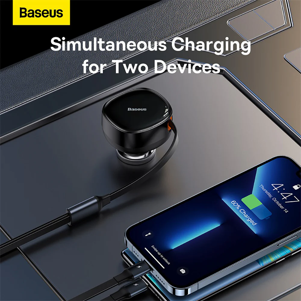 Baseus Enjoyment Retractable 2-in-1 Car Charger 30W - Black - Image 5