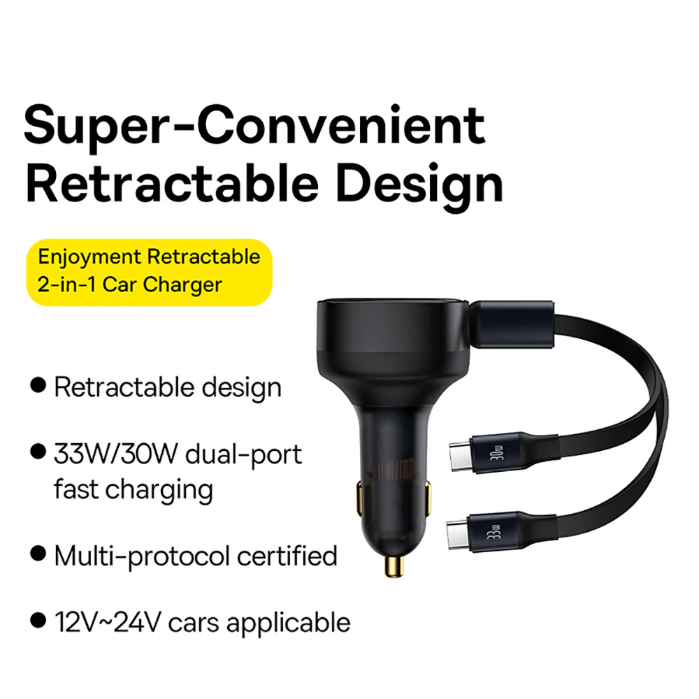 Baseus Enjoyment Series Retractable 2-in-1 Car Charger C+C 33W - Starry Black