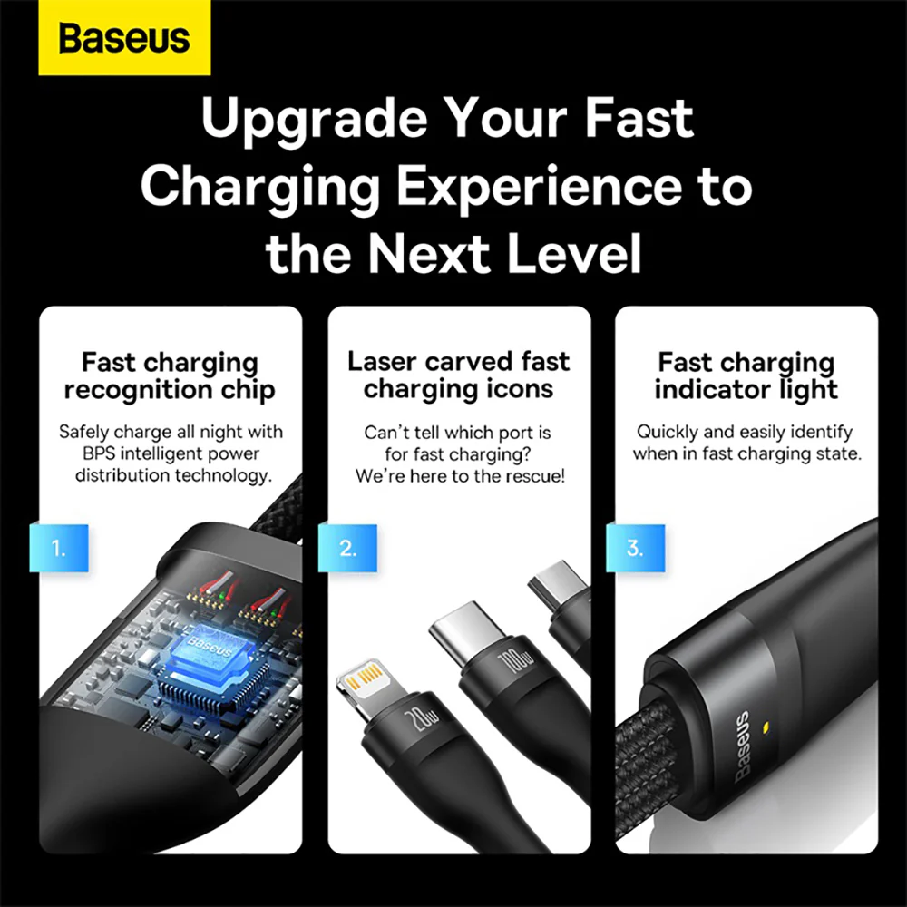 Baseus Flash Series II 3-in-1 Fast Charging Cable Type-C to M+L+C 100W 1.5m Black - Image 5