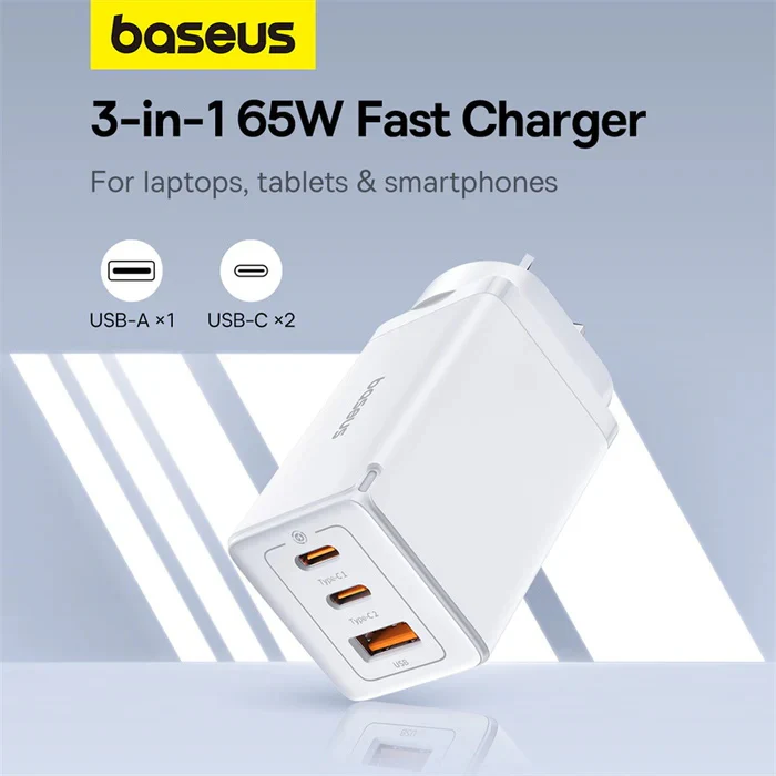 Baseus GaN5 Pro Fast Charger 2C+U 65W - Australian Plug, Moon White - Image 2