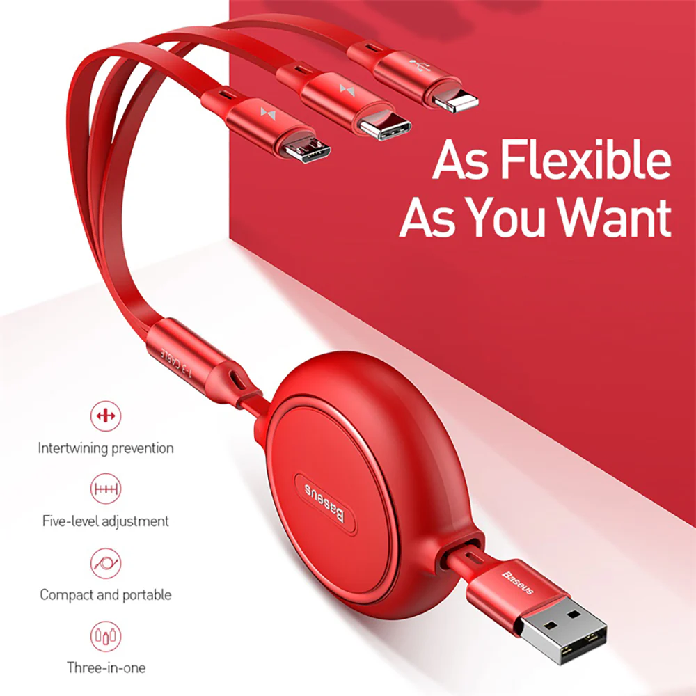 Baseus Gold Ring 3-in-1 Retractable Data Cable USB for M+L+T 3.5A 1.2m Red - Image 2