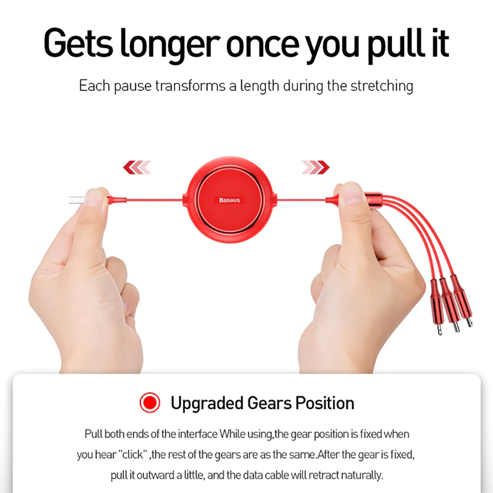 Baseus Gold Ring 3-in-1 Retractable Data Cable USB for M+L+T 3.5A 1.2m Red - Image 5