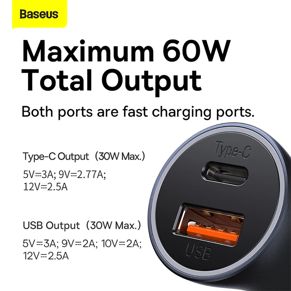 Baseus Golden Contactor Max Dual Fast Charger Car Charger 60W - Dark Gray - Image 2