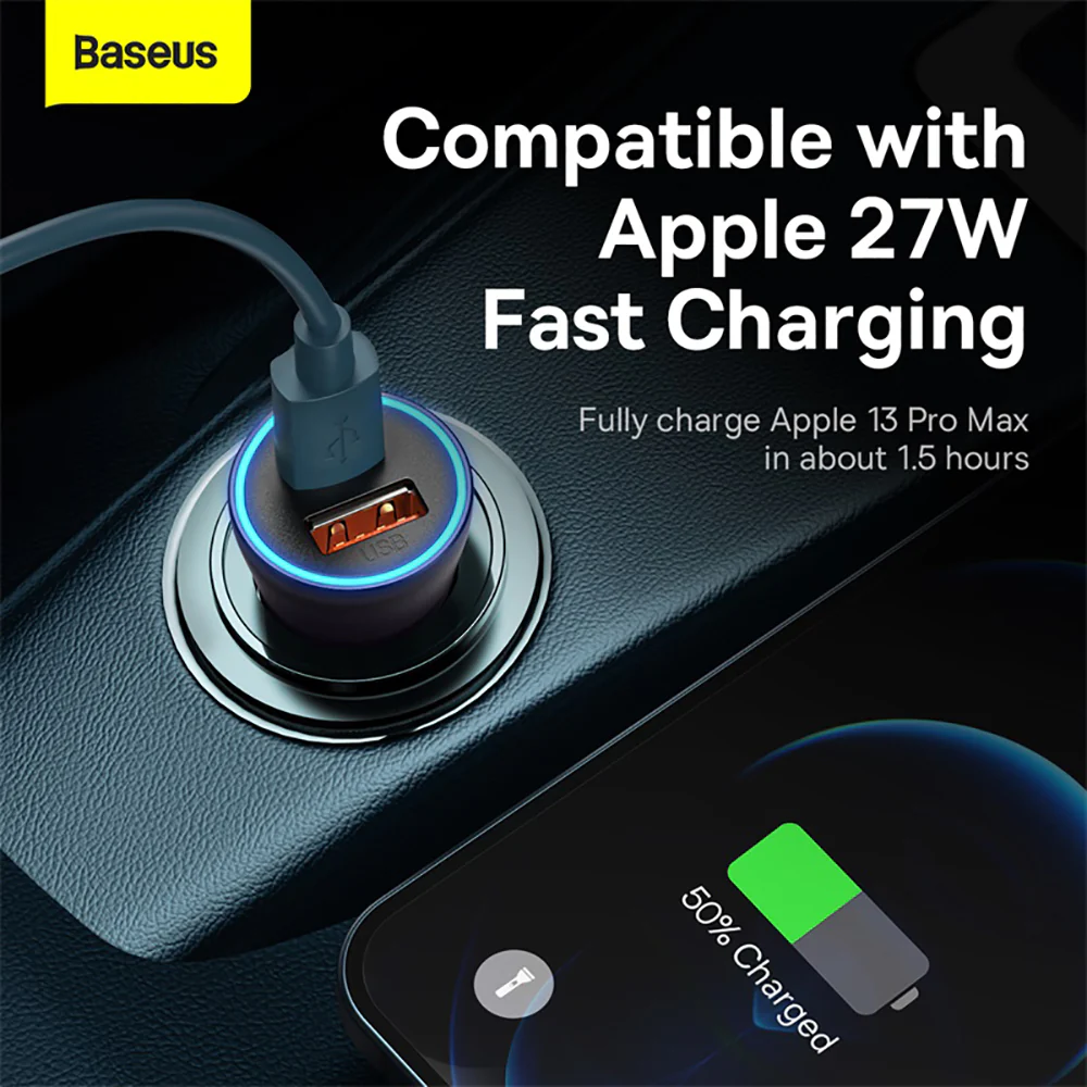 Baseus Golden Contactor Max Dual Fast Charger Car Charger 60W - Dark Gray - Image 3