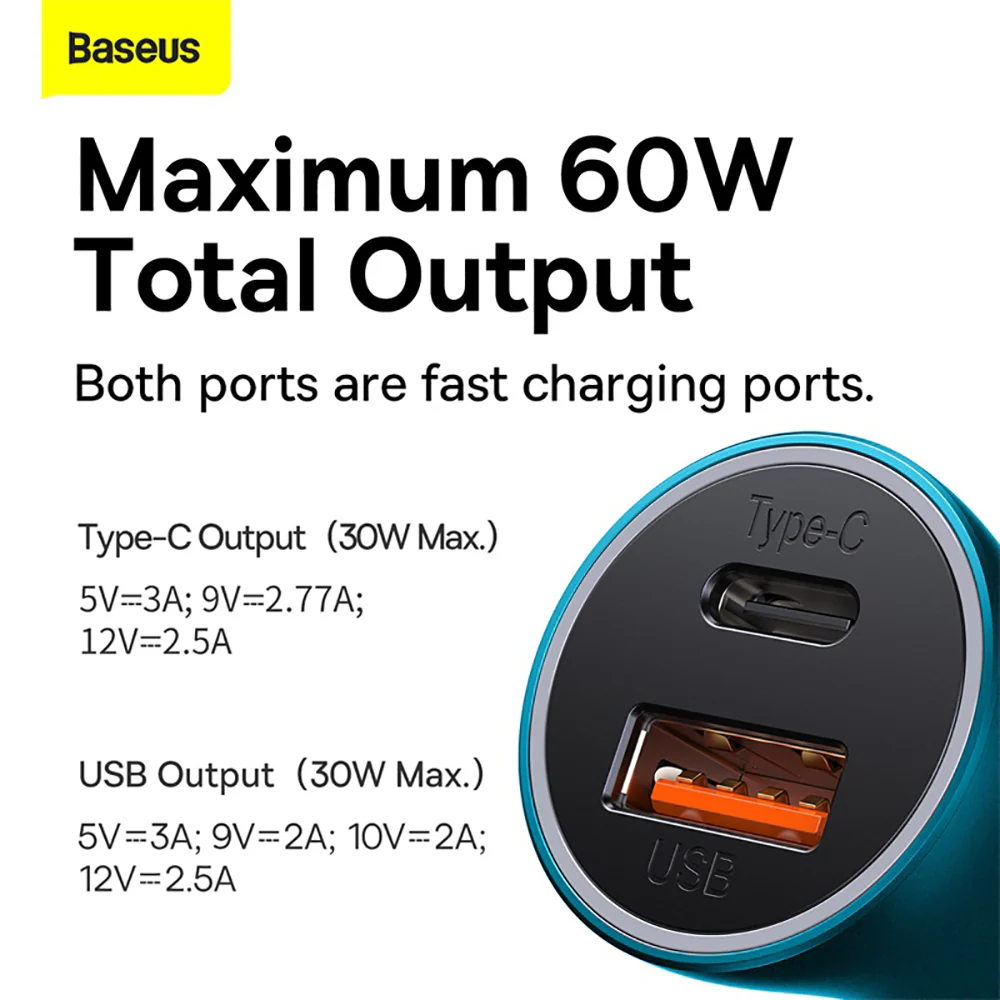 Baseus Golden Contactor Max Dual Fast Charger Car Charger U+C 60W - Navy Blue - Image 2