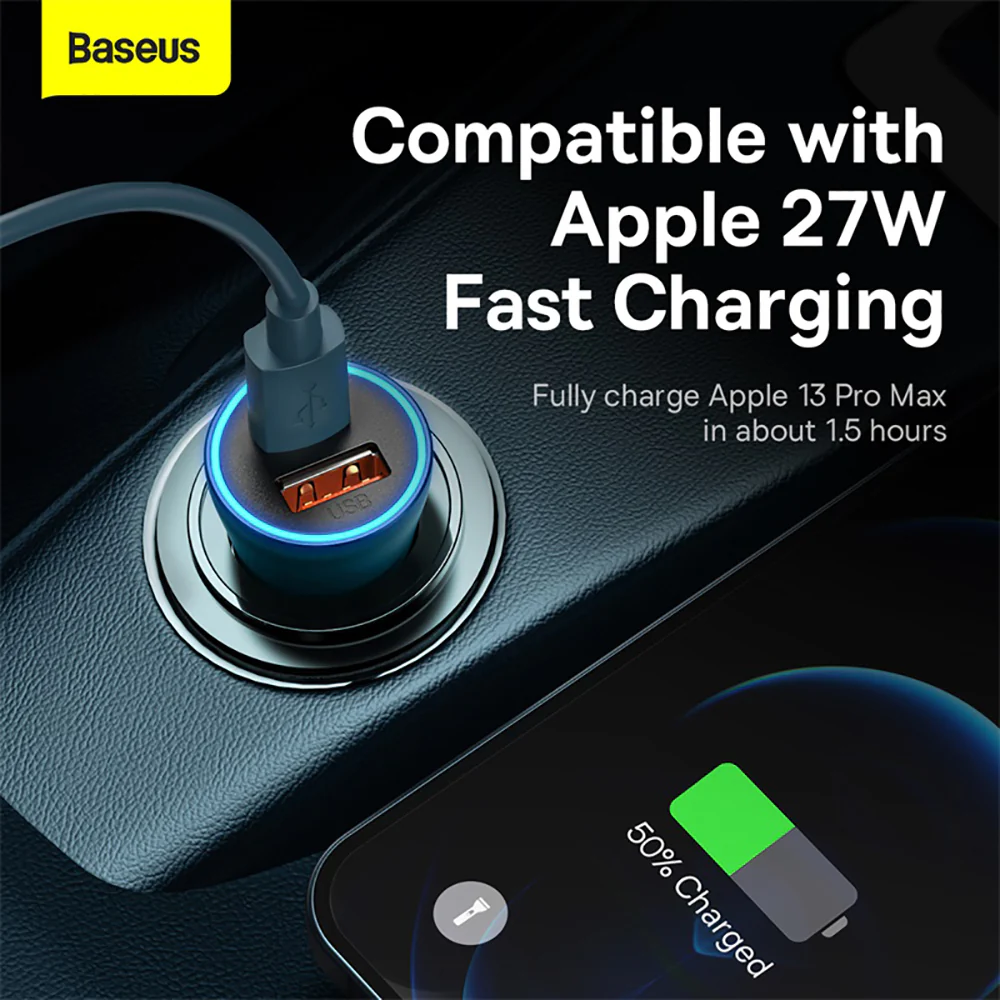 Baseus Golden Contactor Max Dual Fast Charger Car Charger U+C 60W - Navy Blue - Image 3