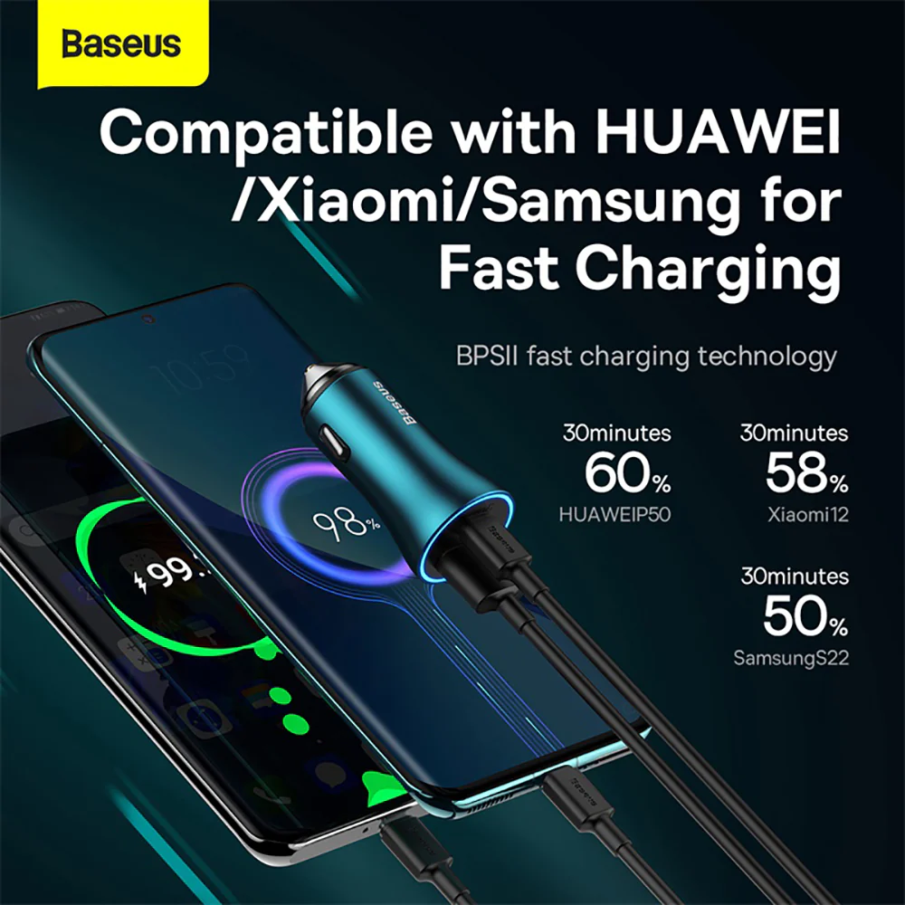 Baseus Golden Contactor Max Dual Fast Charger Car Charger U+C 60W - Navy Blue - Image 4