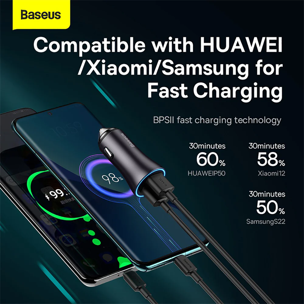 Baseus Golden Contactor Max Dual Fast Charger Car Charger U+U 60W - Dark Gray - Image 3