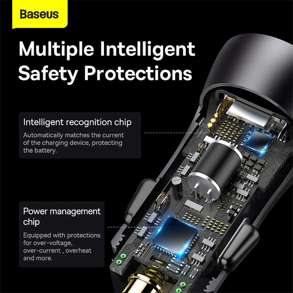 Baseus Golden Contactor Max Dual Fast Charger Car Charger U+U 60W - Dark Gray - Image 4
