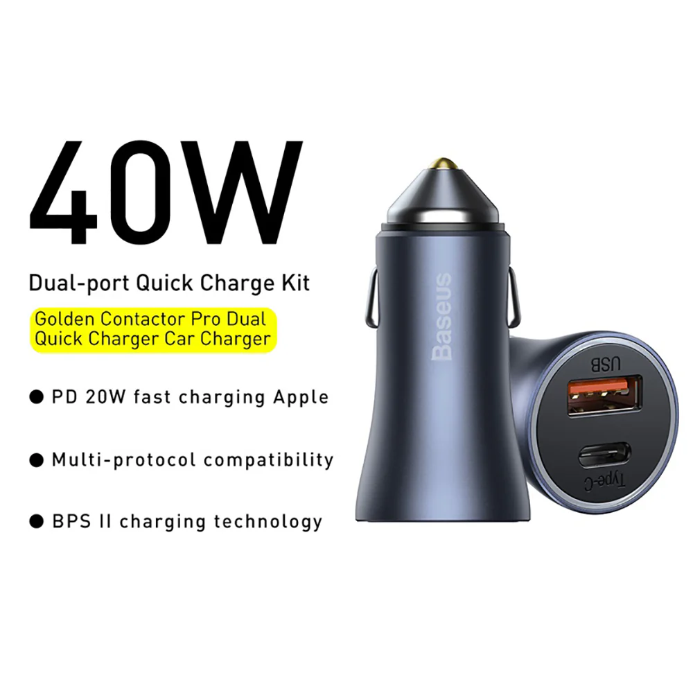 Baseus Golden Contactor Pro Dual Port Quick Charger Car Charger U+C 40W - Dark Gray - Image 2