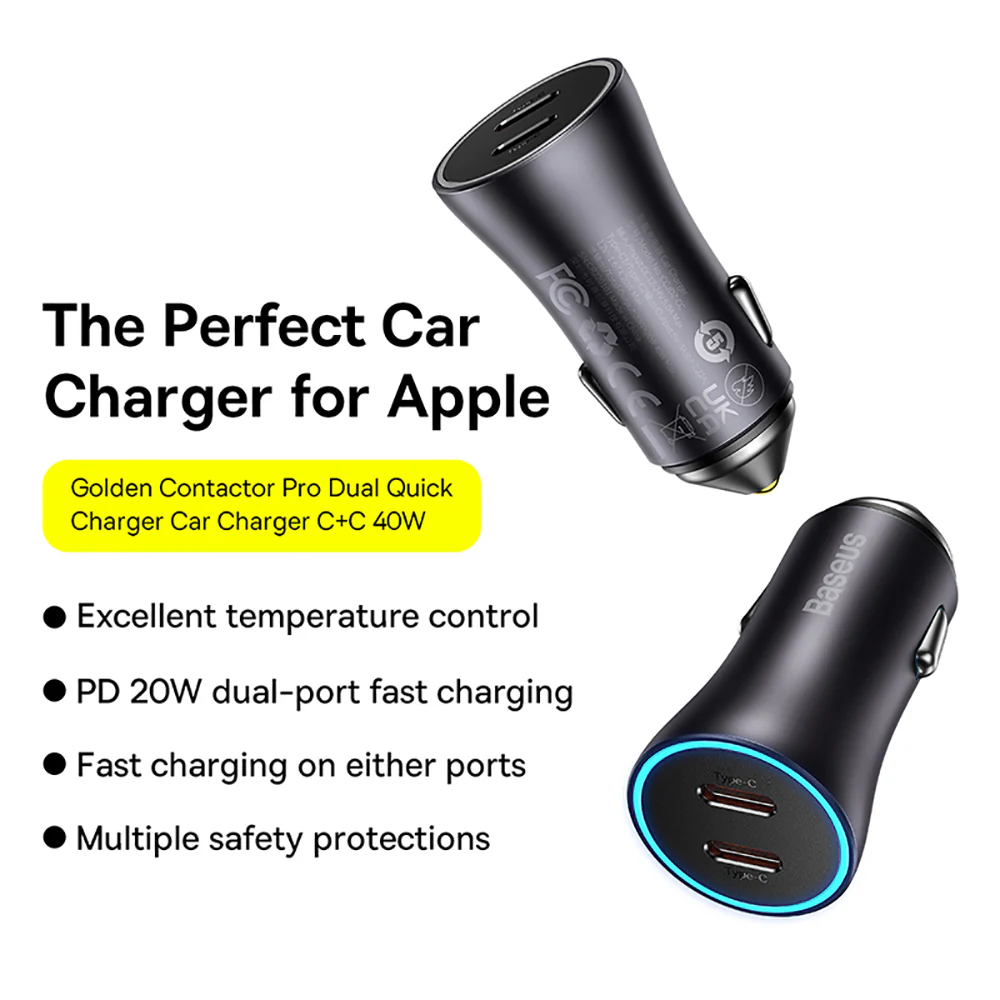 Baseus Golden Contactor Pro Dual Quick Car Charger C+C 40W - Dark Gray