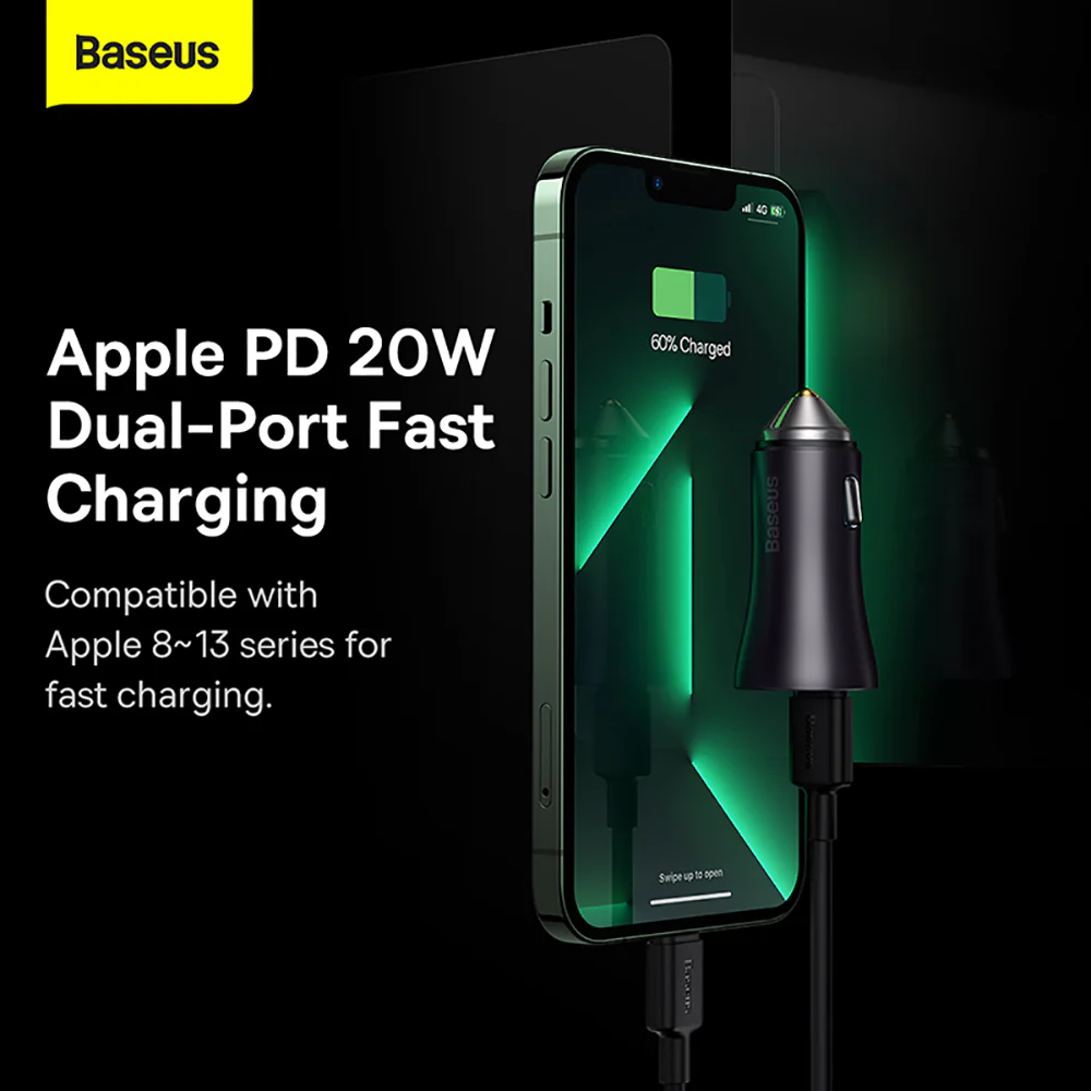 Baseus Golden Contactor Pro Dual Quick Car Charger C+C 40W - Dark Gray - Image 3