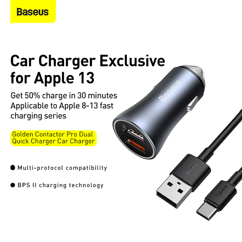 Baseus Golden Contactor Pro Dual Quick Charge Car Charger 40W Set - Dark Gray - Image 2