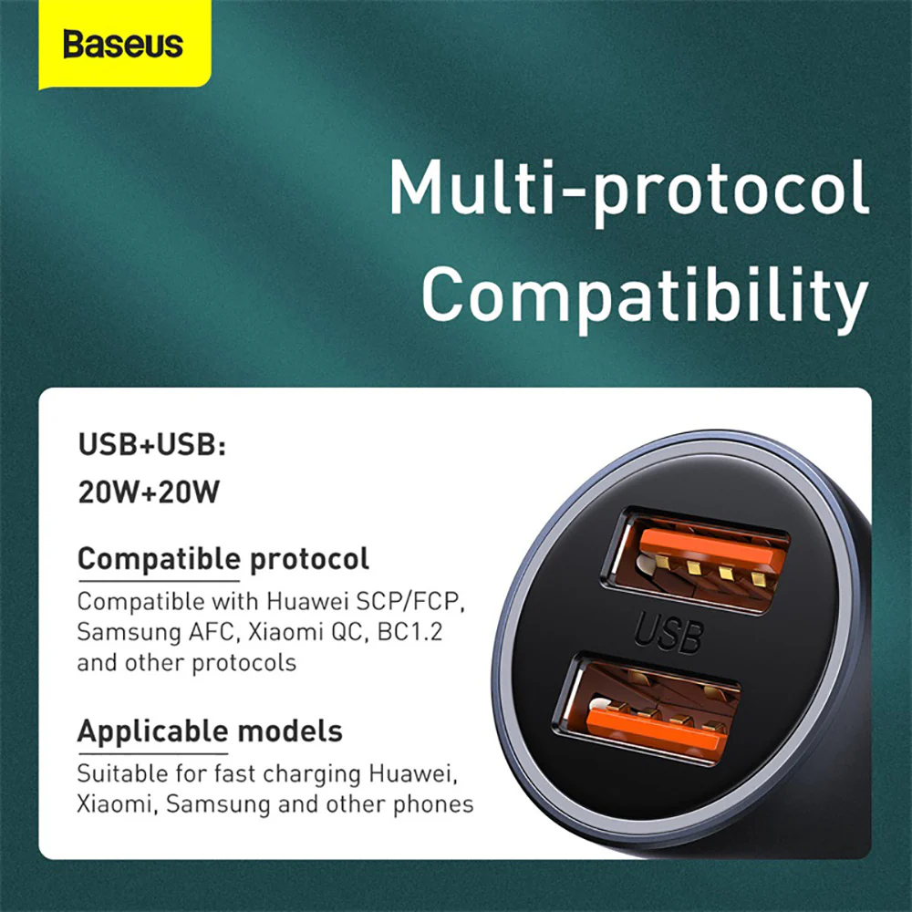 Baseus Golden Contactor Pro Dual Quick Charge Car Charger 40W Set - Dark Gray - Image 5