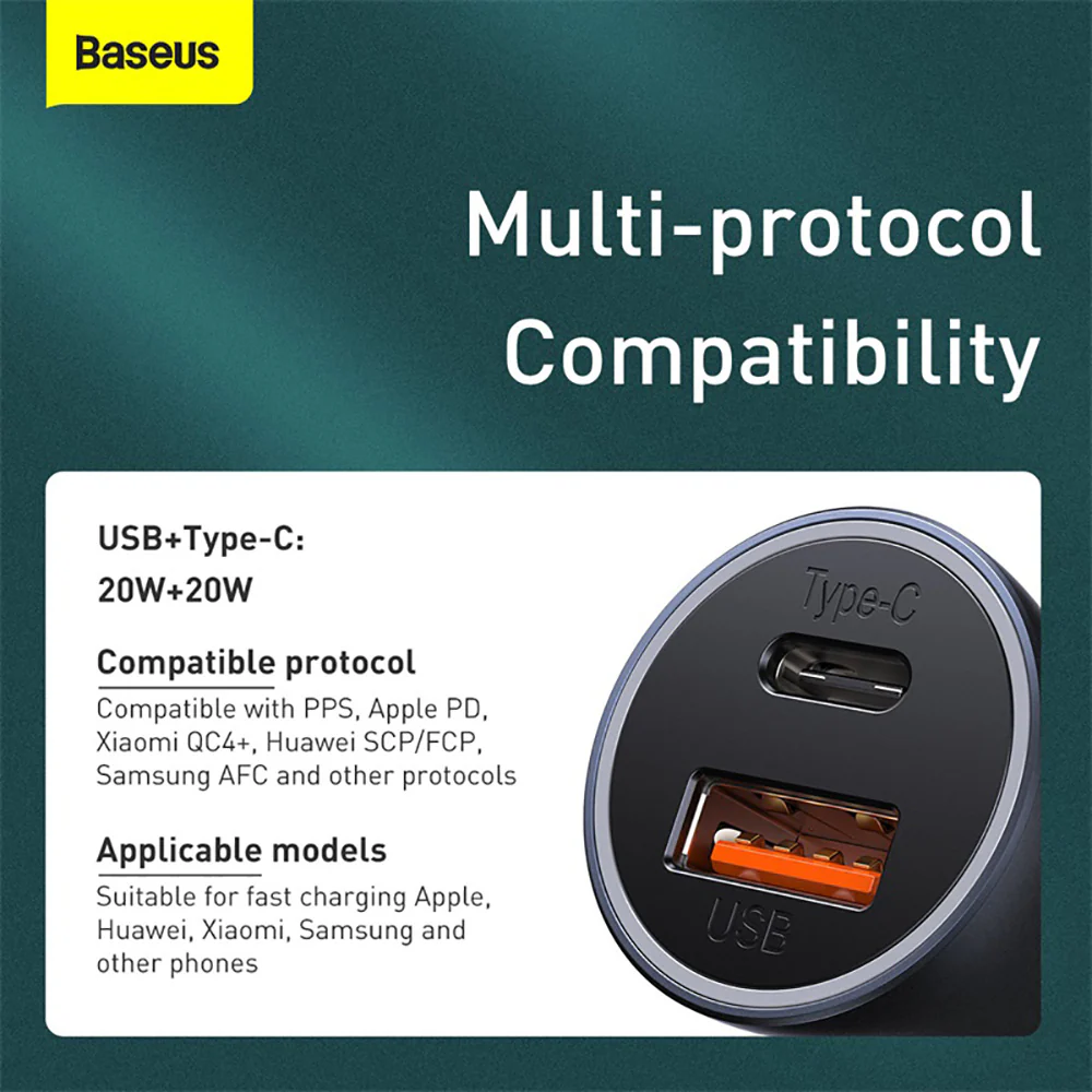 Baseus Golden Contactor Pro Dual Quick Charger Car Charger U+C 40W - Dark Gray - Image 4