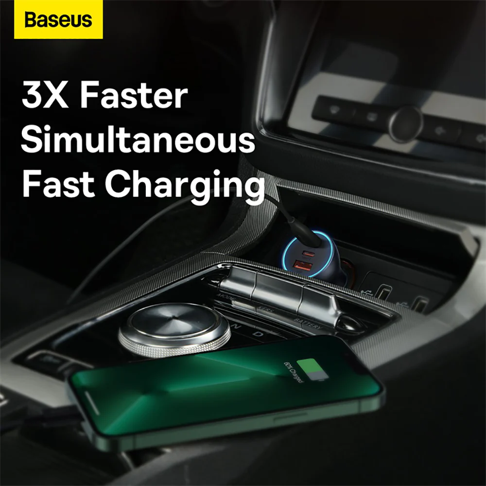 Baseus Golden Contactor Pro Triple Fast Charger Car Charger 65W - Dark Gray - Image 2