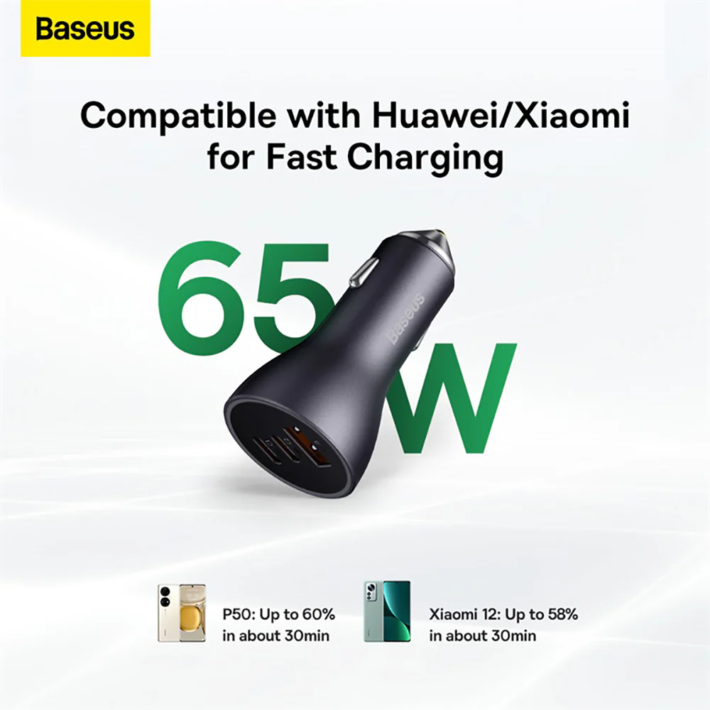 Baseus Golden Contactor Pro Triple Fast Charger Car Charger 65W - Dark Gray - Image 3