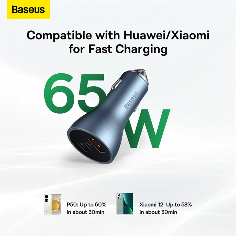 Baseus Golden Contactor Pro Triple Fast Charger Car Charger 65W - Light Blue - Image 3
