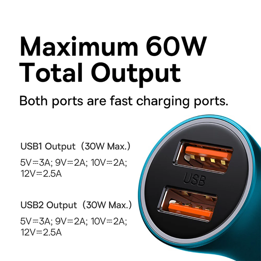 Baseus Golden Idea MAX Dual Fast Charging Car Charger U+U 60W Navy Blue - Image 2