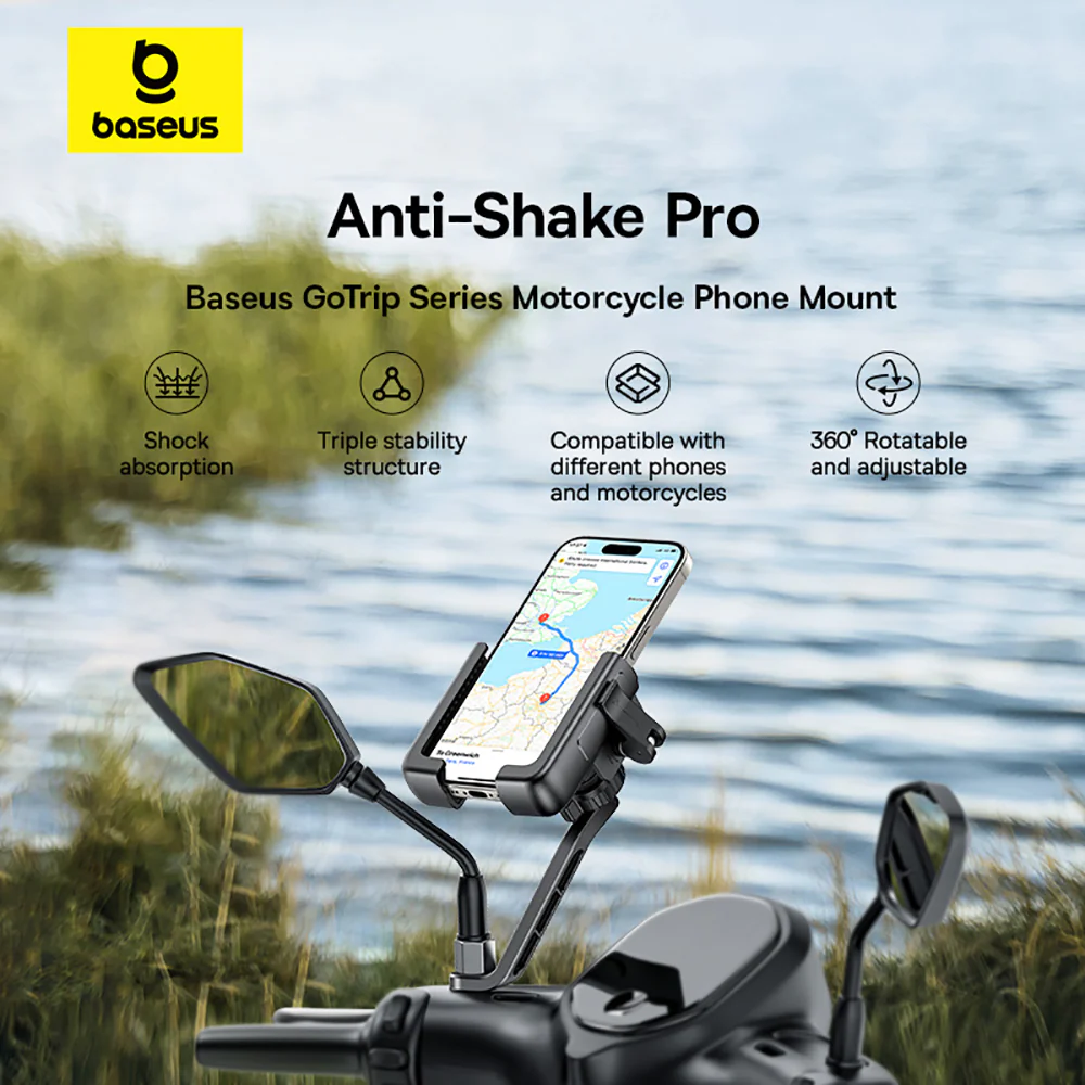 Baseus GoTrip Motorcycle Phone Mount with Rearview Mirror - Starry Black - Image 2