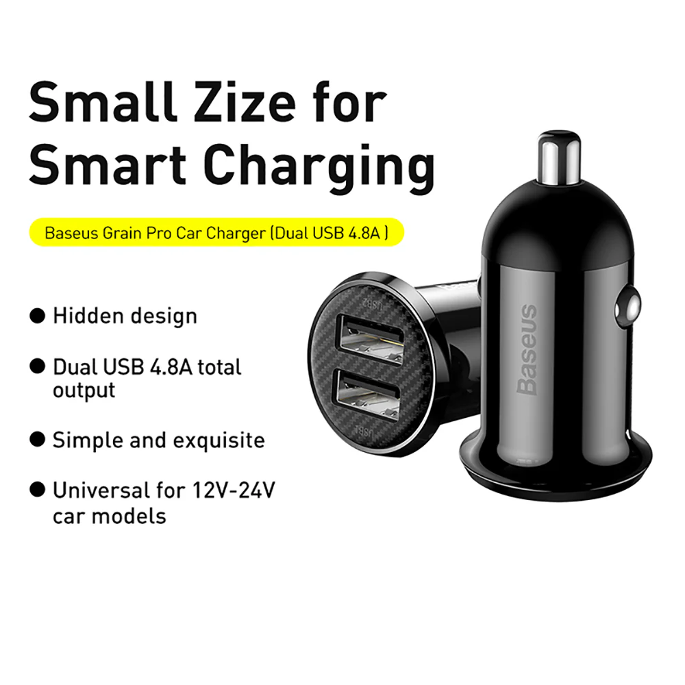 Baseus Grain Pro Dual USB Car Charger 4.8A - Black - Image 2