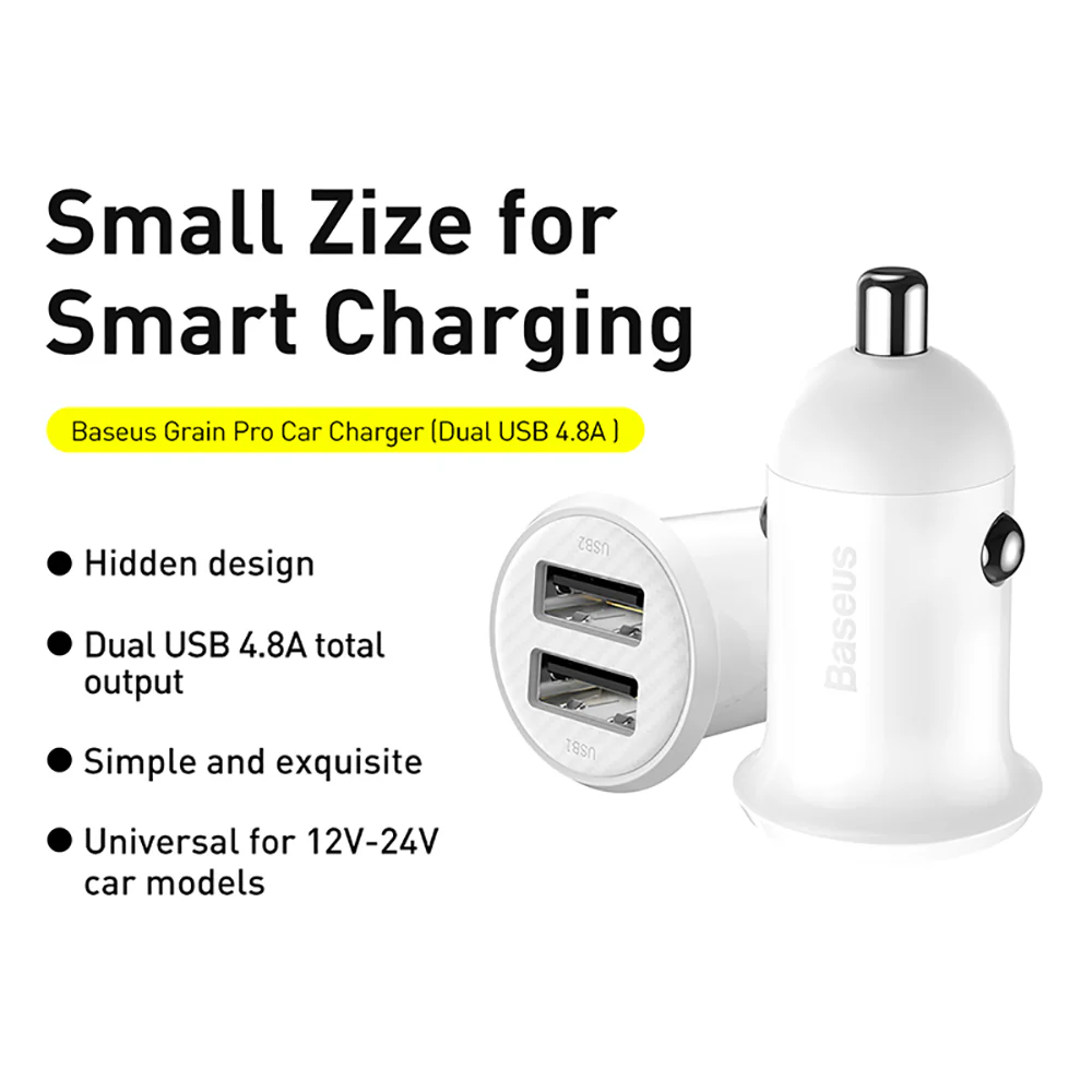 Baseus Grain Pro Dual USB Car Charger 4.8A - White - Image 2