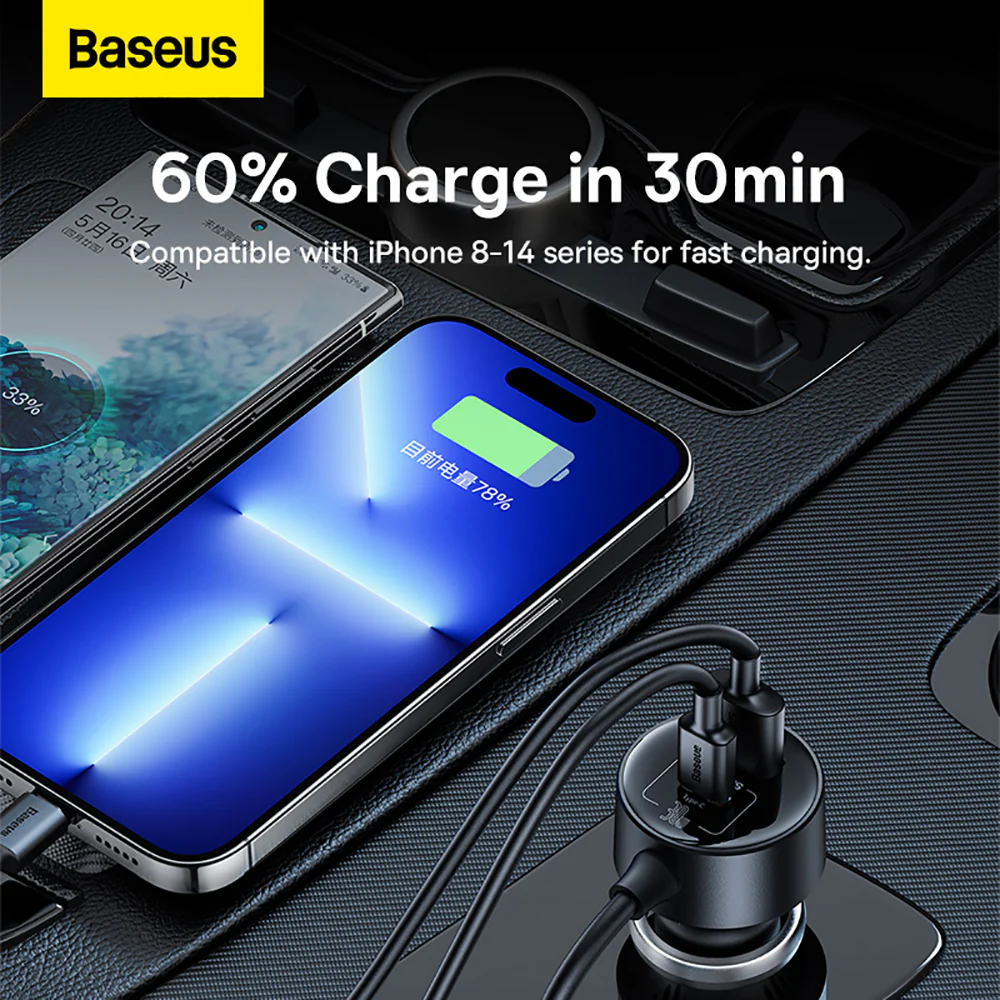 Baseus High Efficiency Pro 1-for-2 Car Cigarette Lighter 30W - Cosmic Black - Image 5