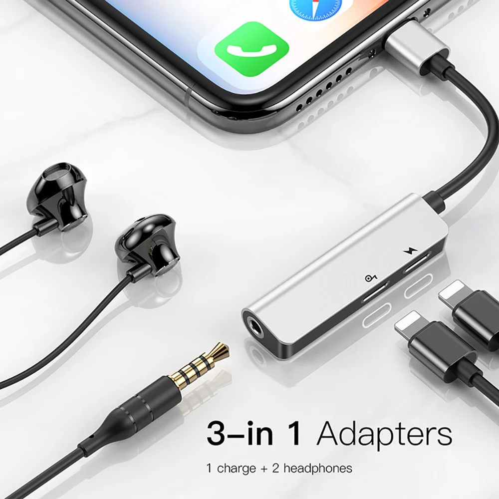 Baseus L52 3-in-1 Adapter with Dual Lightning and 3.5mm Jack - Silver Black