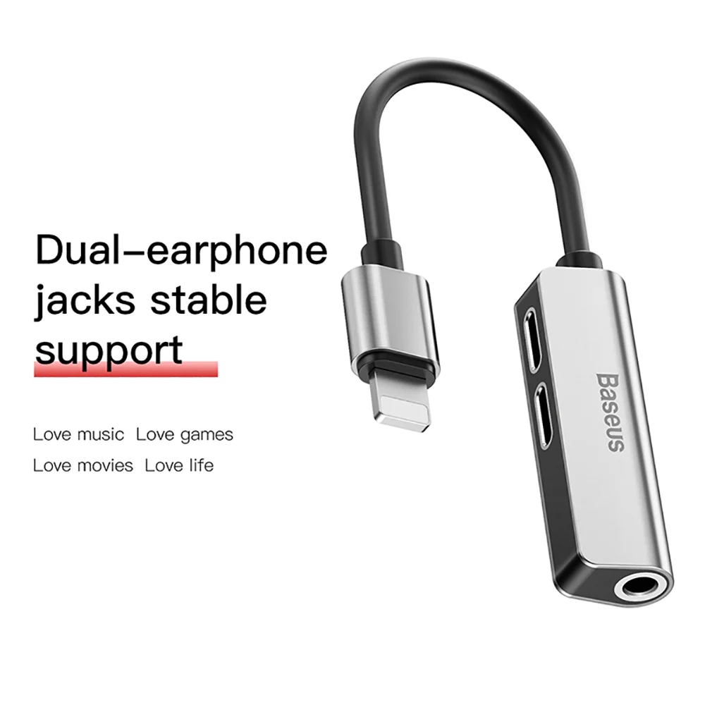 Baseus L52 3-in-1 Adapter with Dual Lightning and 3.5mm Jack - Silver Black - Image 2