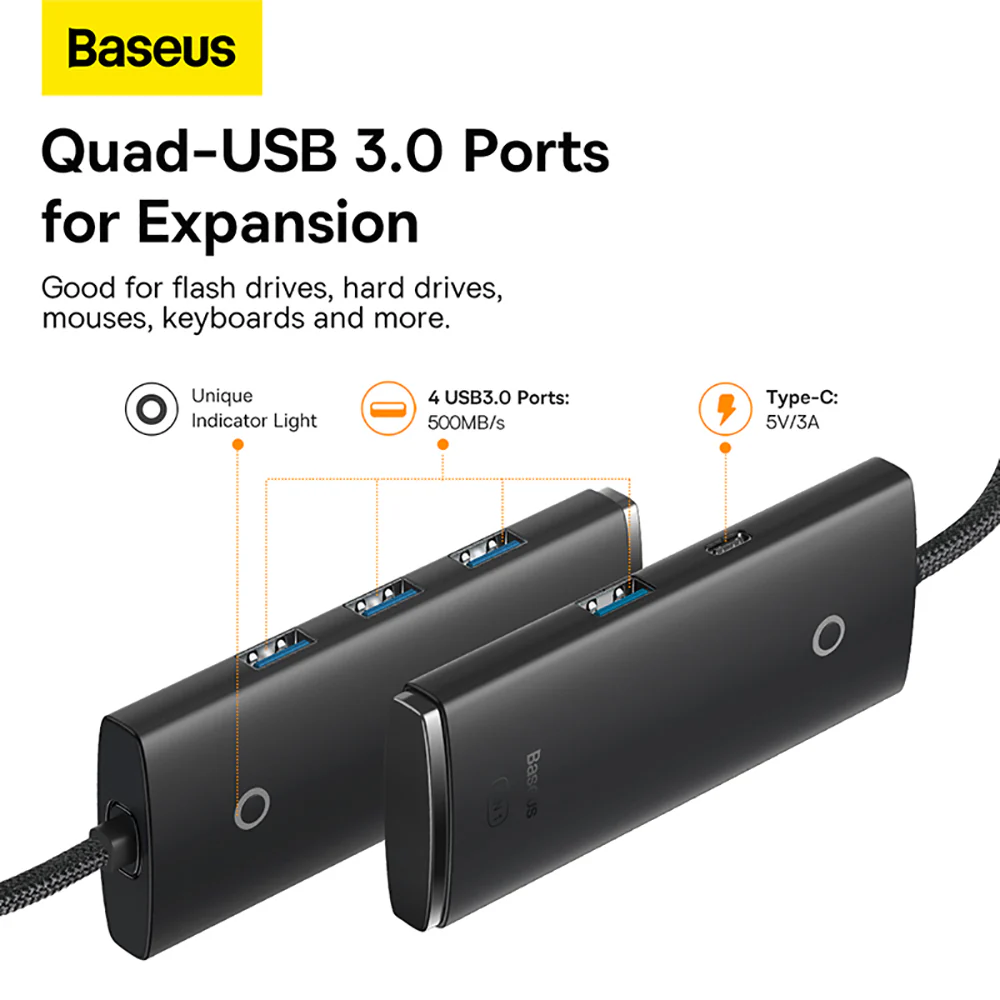Baseus Lite Series 4-Port Type-C to USB 3.0 HUB Adapter - 2m Black - Image 2