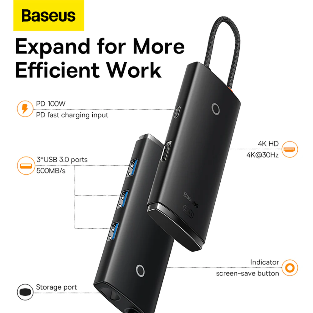 Baseus Lite Series 5-in-1 HUB Docking Station - Black - Image 2