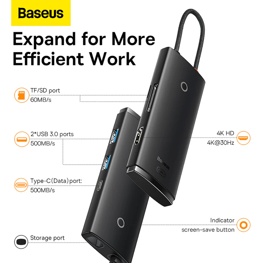 Baseus Lite Series 6-in-1 HUB Docking Station - Black - Image 2
