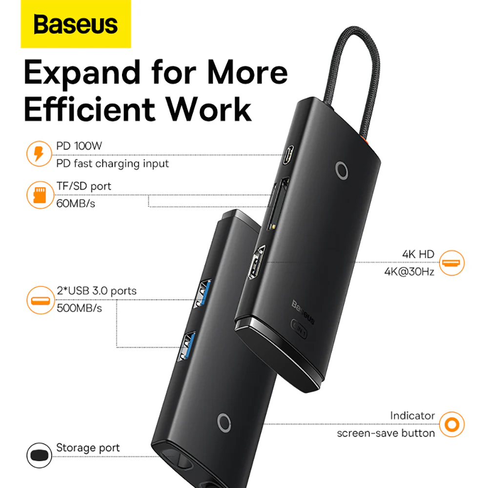 Baseus Lite Series 6-in-1 HUB Docking Station PD Version - Black - Image 2