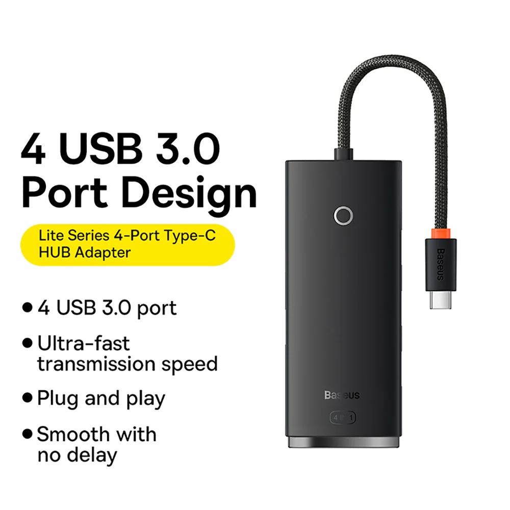 Baseus Lite Series Type-C to USB 3.0 4-Port HUB Adapter - 25cm, Black