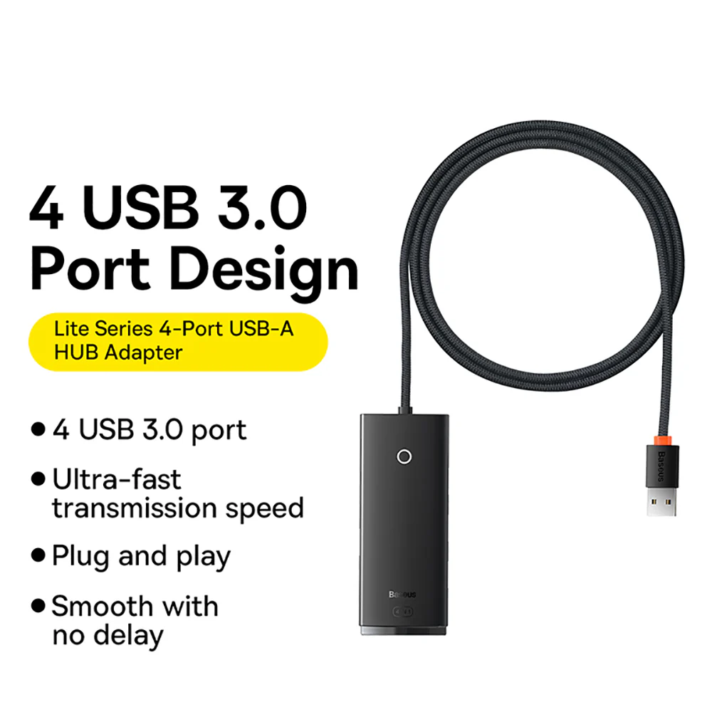 Baseus Lite Series USB-A to USB 3.0 4-Port HUB 1m - Black